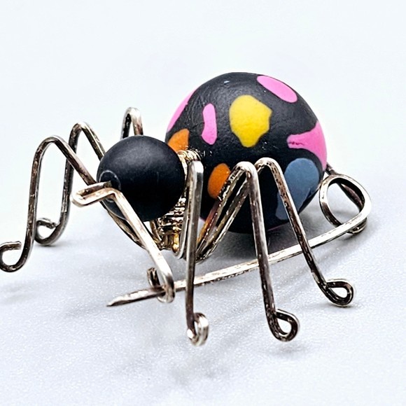 Vintage Spider Brooch 925 Sterling Silver Clay Halloween Black Widow - Picture 2 of 12